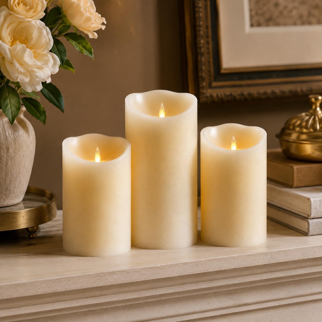Detalle de Da by 3 Pack Ivory Paraffin Wax Flameless Candles with Moving Wick and Remote