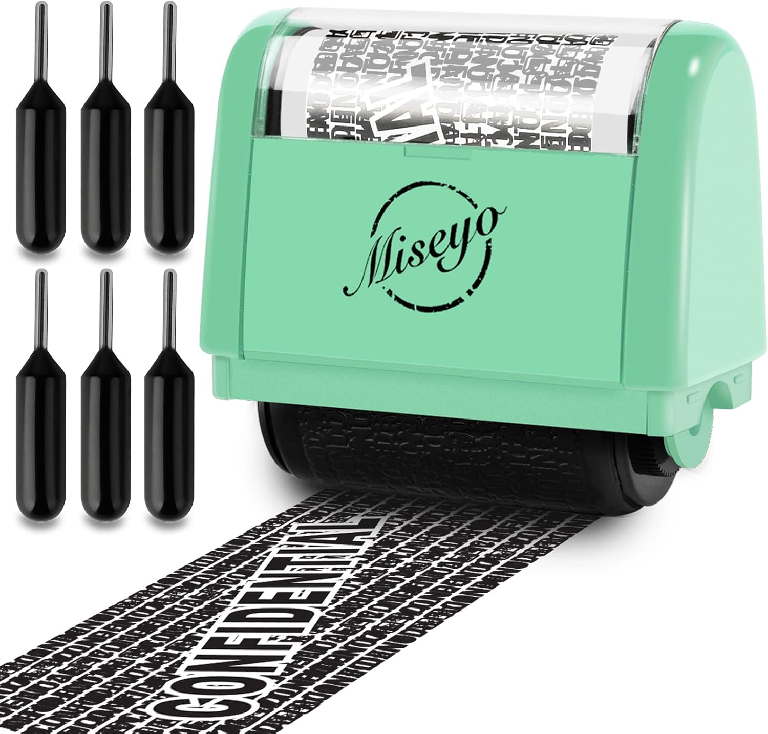 Miseyo Identity Theft Protection Roller Stamp Set (Mint Green) with 6 Refill Ink