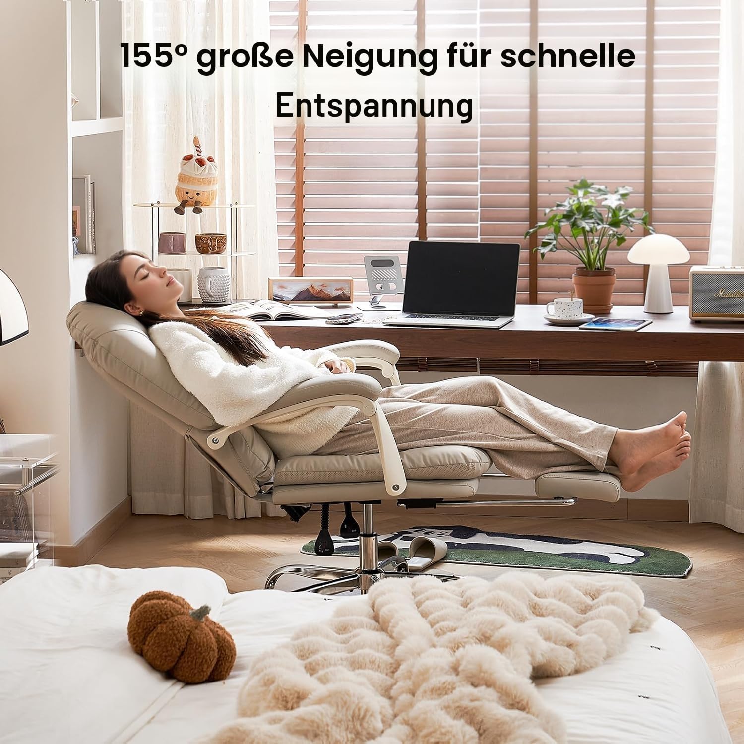 Detalle de EMIAH Ergonomischer Bürostuhl mit Fußstütze – Mid-Back, PU-Leder, bis 150 kg, Beige