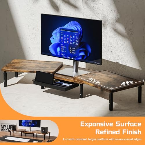 Detalle de ETHU Dual Monitor Stand Riser with Drawer 75-103.4cm, Walnut