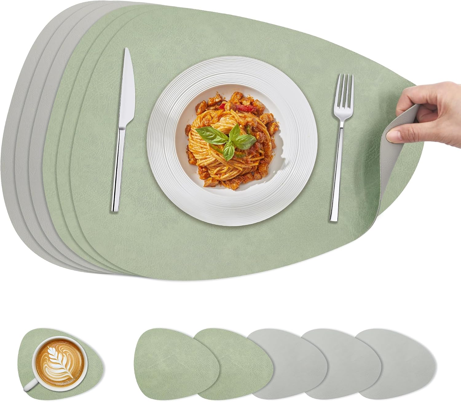 Detalle de KitchenBoss Set de Table Lavable et Dessous de Table Double Face – Vert Gris (6× 40x30 cm) + 6 Sous-verres