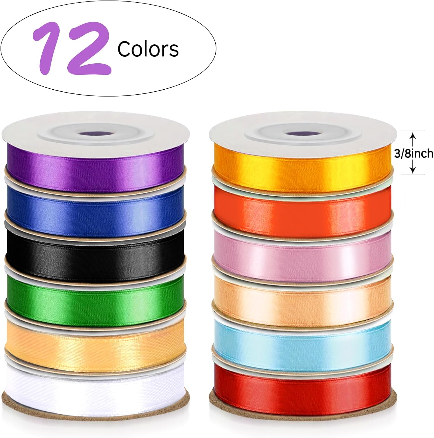 Detalle 2 de 12 Colours Rainbow Satin Ribbon – 10mm x 9m Each (Total 108m) – Double-Faced, Durable Gift Wrap Ribbon