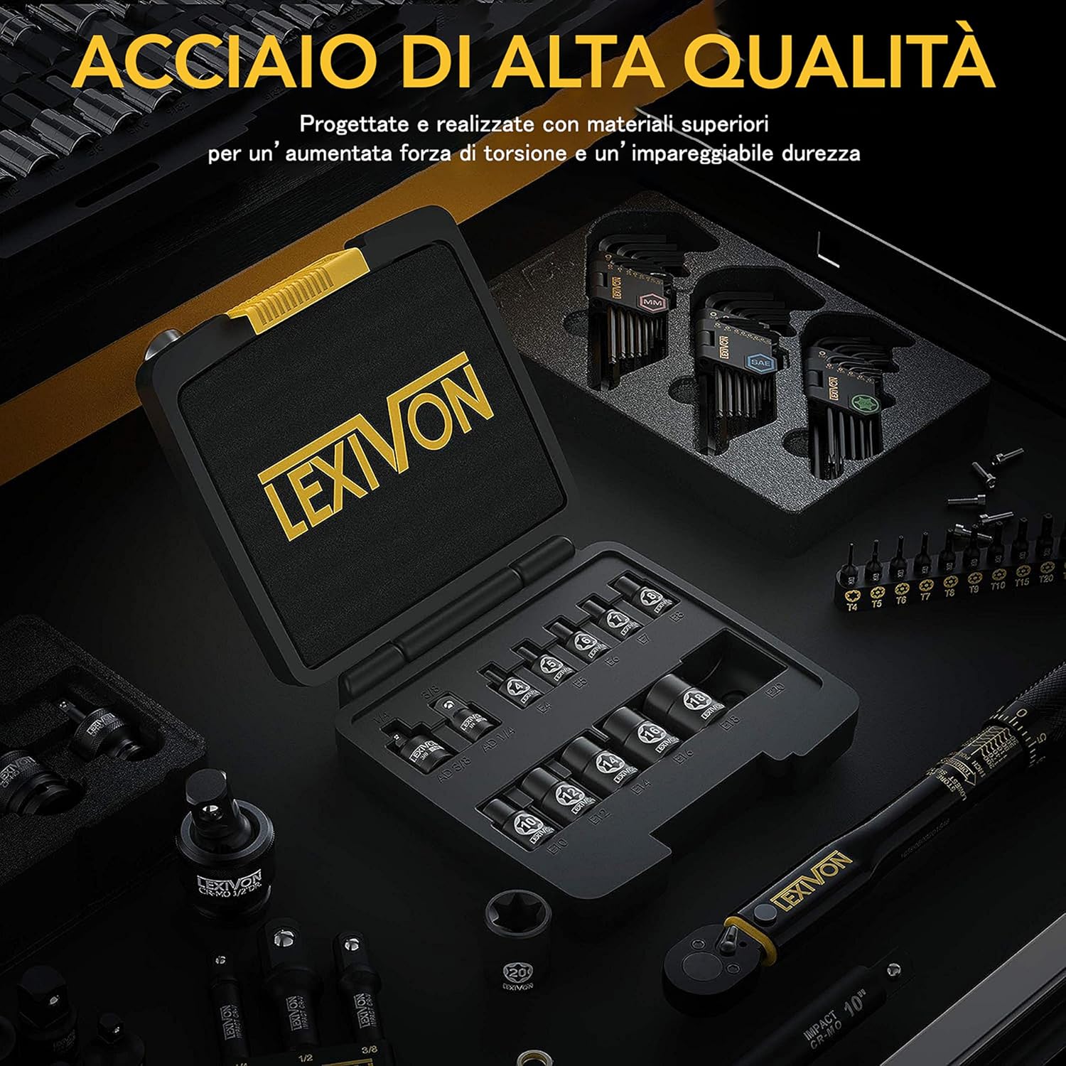Detalle 2 de Set di chiavi E-Torx femmina LEXIVON LX-147 (13 pezzi) 1/4 e 3/8 con adattatori