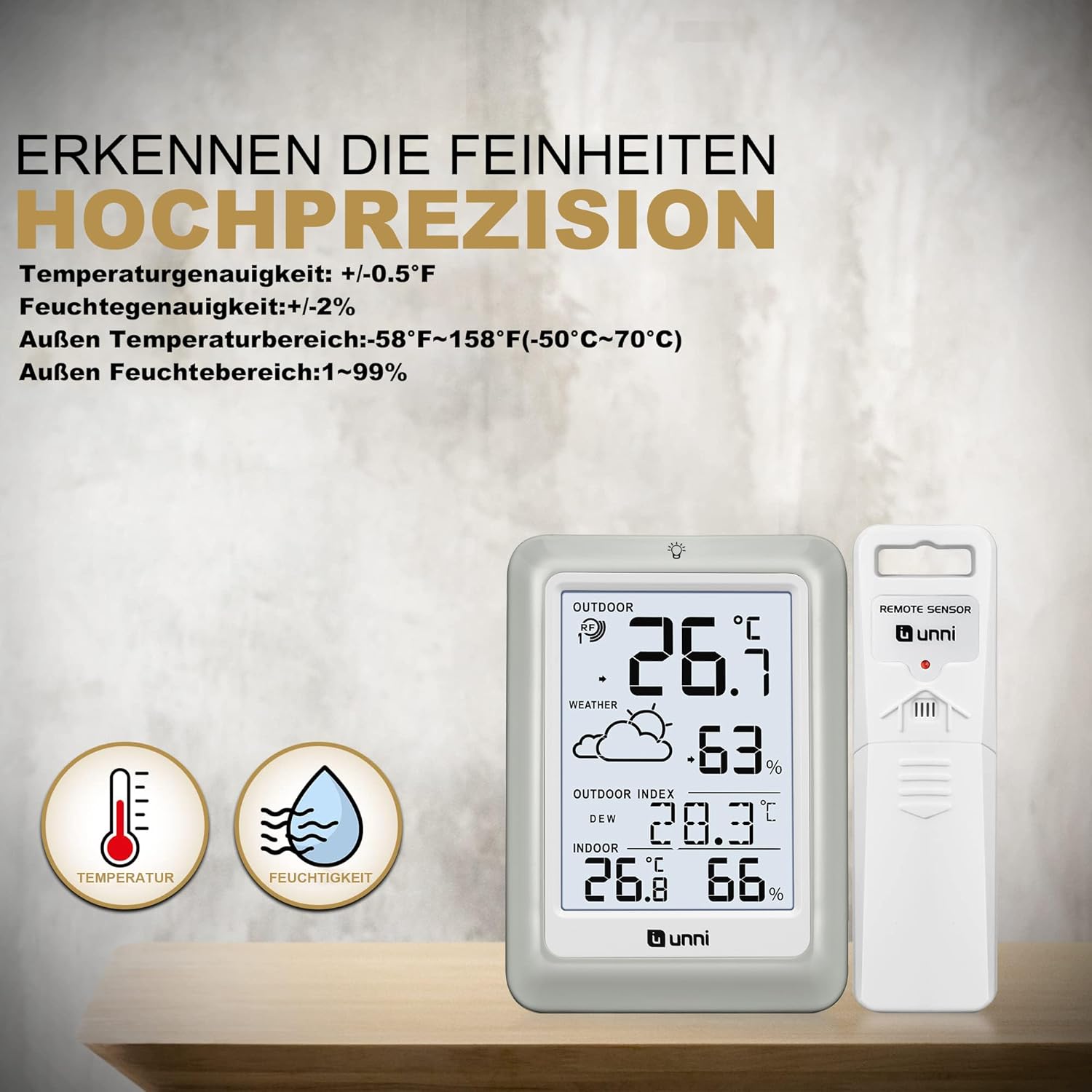 Thumbnail 3 de U UNNI Funk-Wetterstation mit Außensensor (Batteriebetrieb) – Wettervorhersage, °C/°F & 2 Helligkeitsstufen
