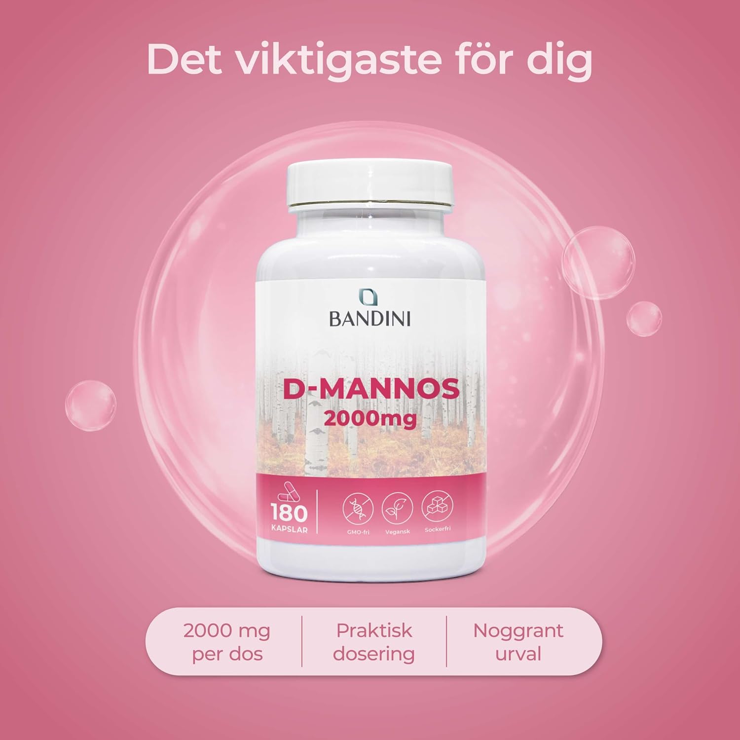 Detalle de BANDINI D Mannose – 180 kapslar med 2 000 mg per dagsdos, veganska