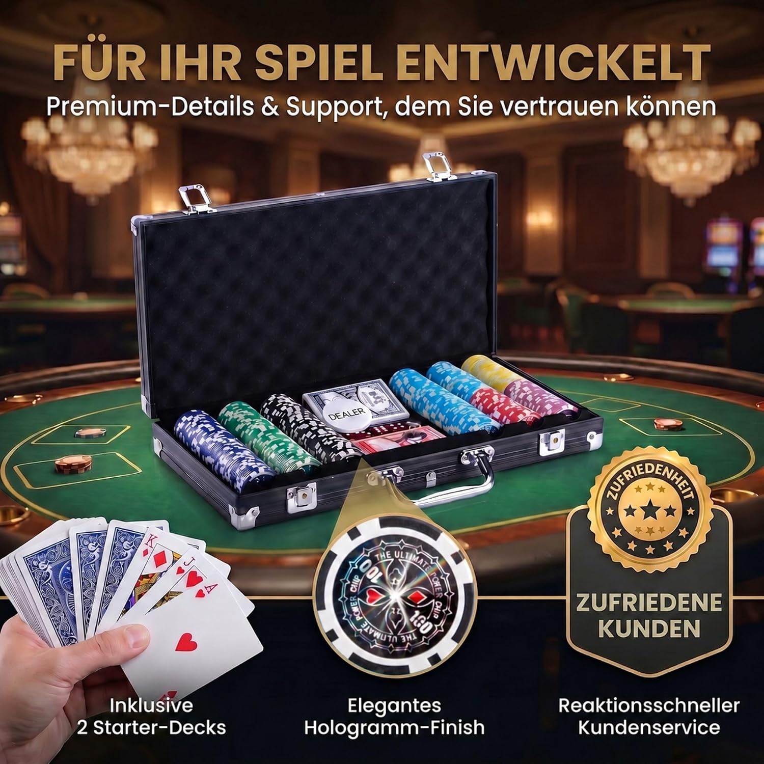 Detalle de Profi Pokerkoffer Pokerset inkl. 300–500 schwerer 12g Poker-Chips, Deck, Karten, Würfel, Dealer-Button – abschließbarer Alu-Koffer
