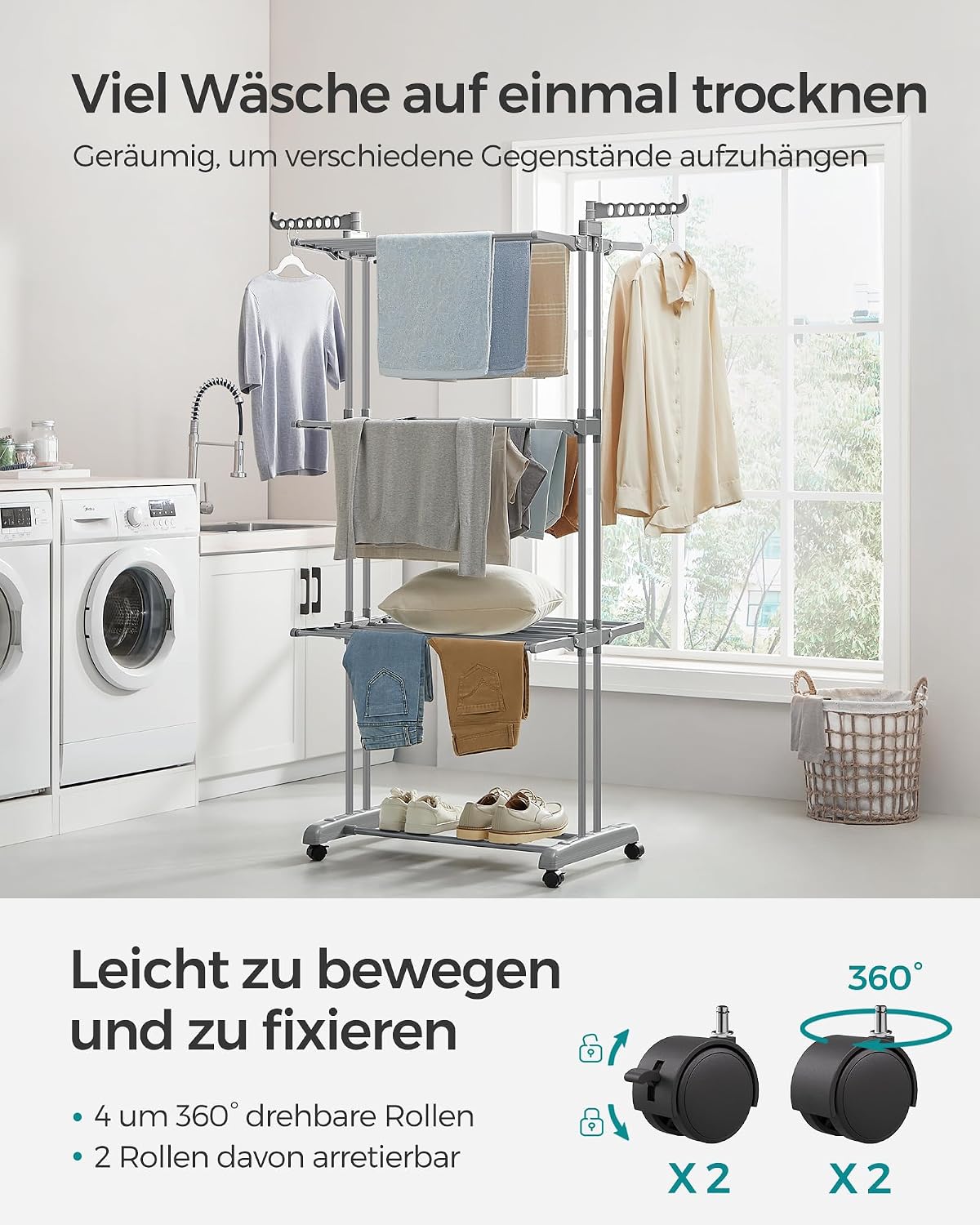 Detalle de SONGMICS Wäscheständer LLR701G01 – Standtrockner mit 4 Ebenen, klappbaren Flügeln und Rollen (63,5 x 128 x 173 cm)