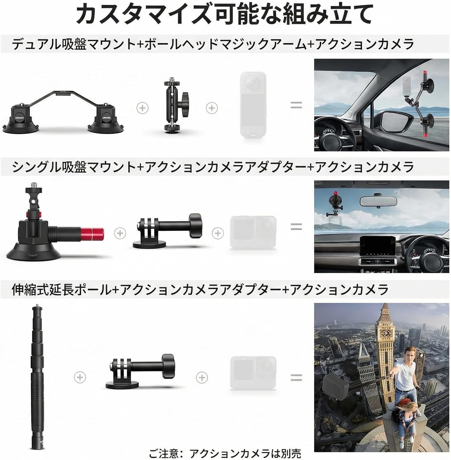 Detalle 2 de NEEWER CA065 車載カメラマウント 3連吸盤・伸縮ポール・360°ボールヘッド