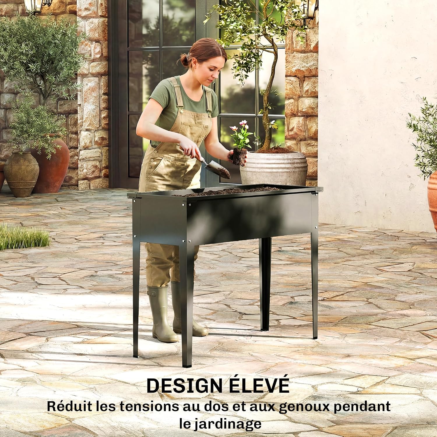 Detalle 2 de Potager sur pieds Outsunny 80 L en métal, 100 x 40 x 80 cm (noir)