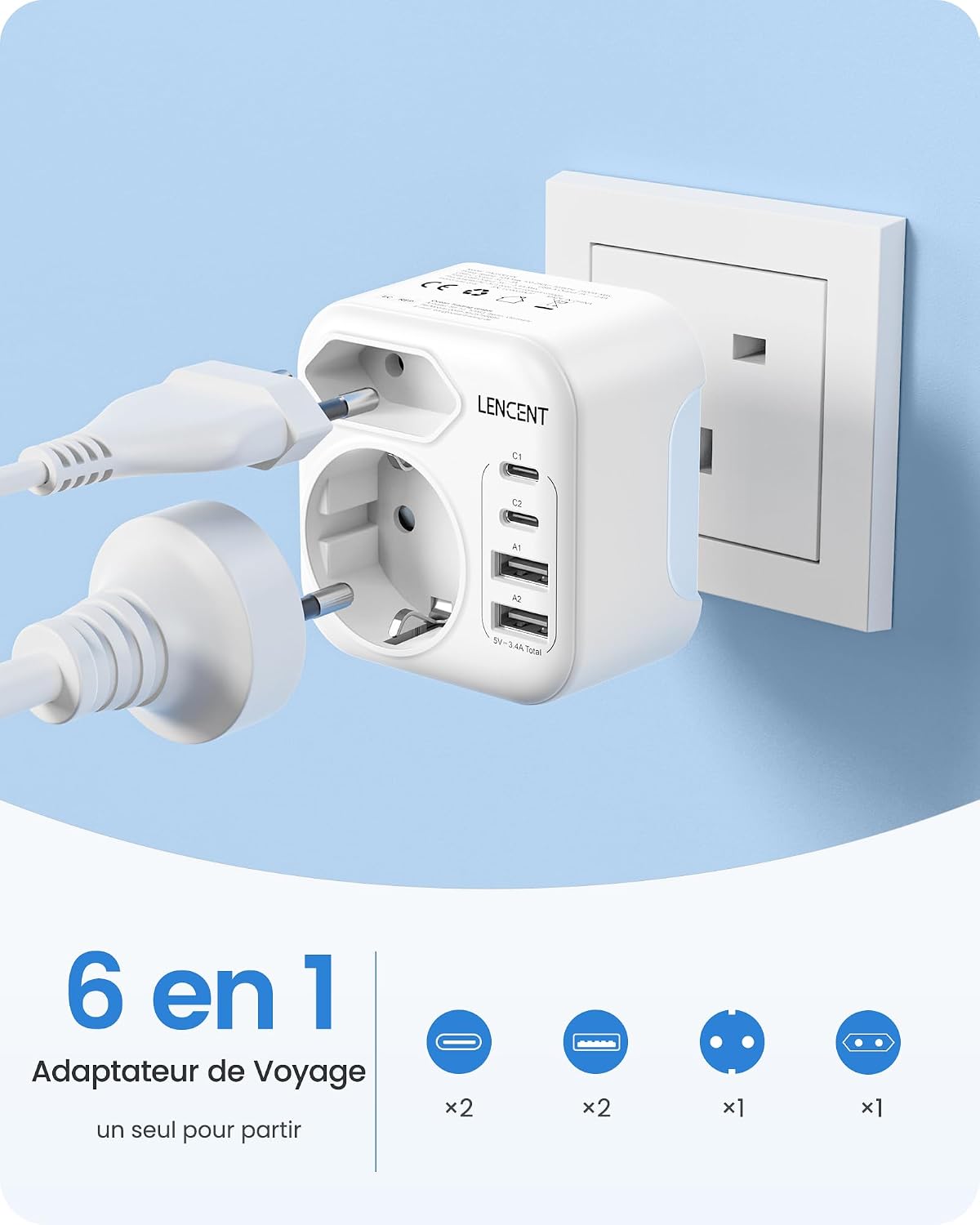Detalle de LENCENT Adaptateur Prise Anglaise 6 en 1