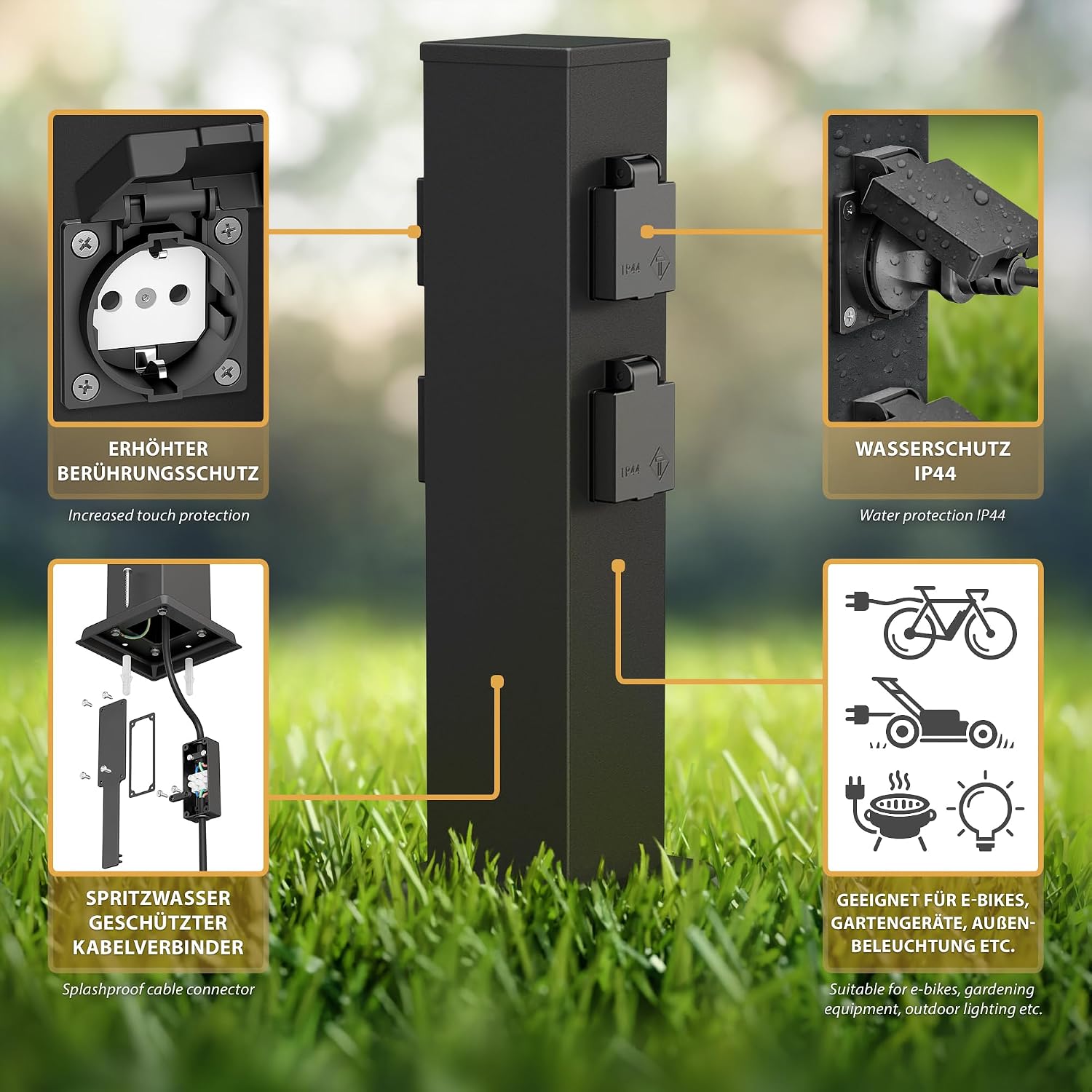 Thumbnail 3 de POLLY: Presa da giardino a colonna per esterni 4 vie, IP44, acciaio inox nera, angolare, 40 cm