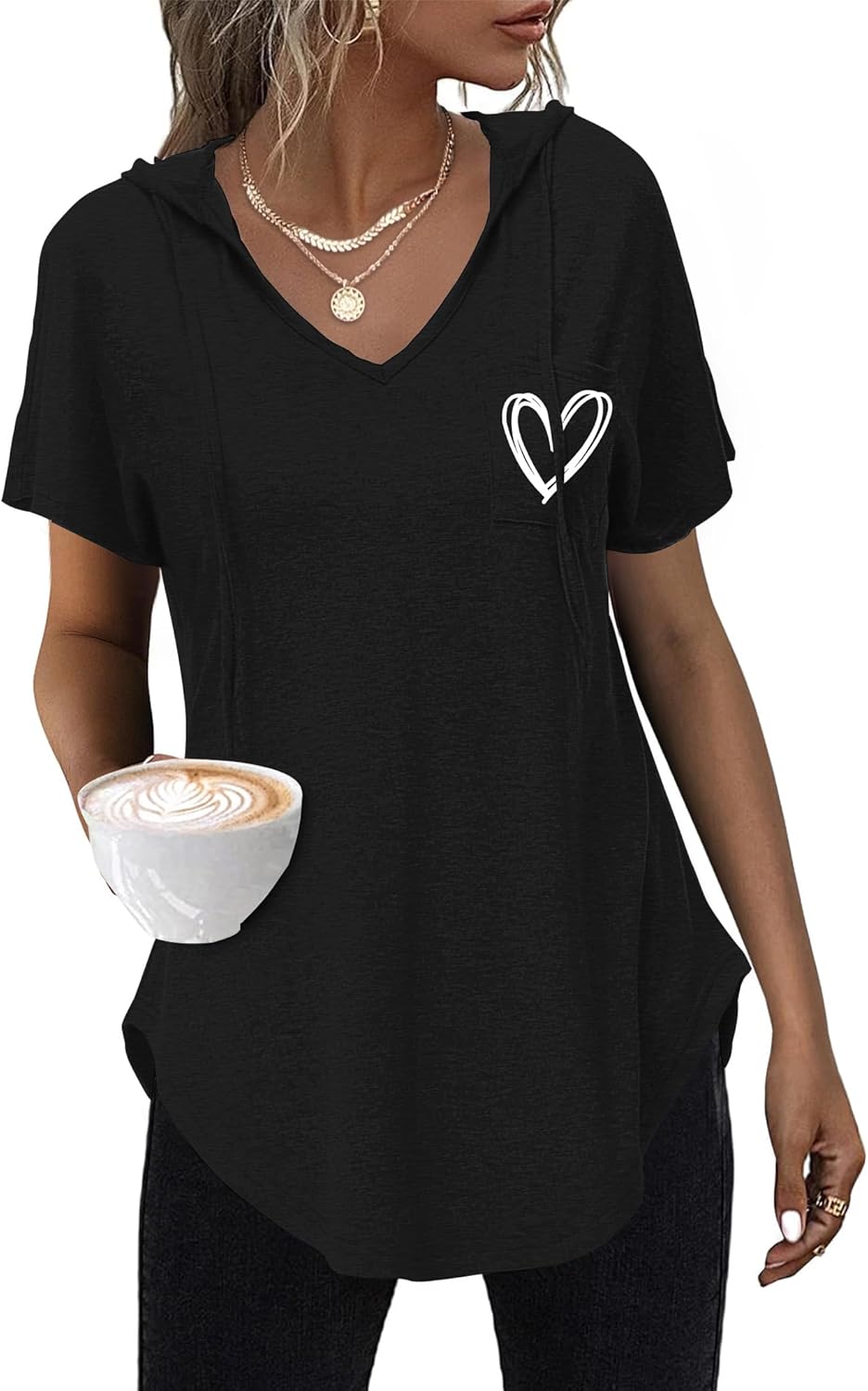 Thumbnail 6 de WNEEDU Tee Shirt Femme Col V Sweat à Capuche – Top léger et polyvalent pour été et demi-saison