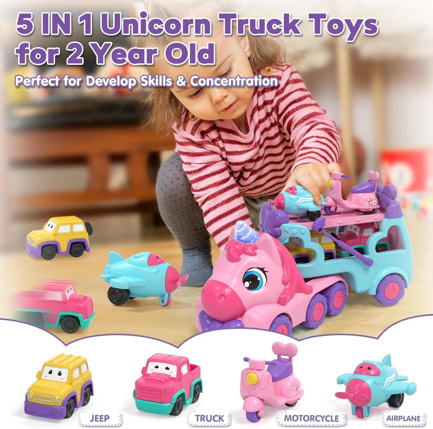 Thumbnail 1 de Lehoo Unicorn 5-in-1 Castle Toddler Toys: Carrier Truck with Lights & Music, Unicorn Track Play Set for Ages 2+