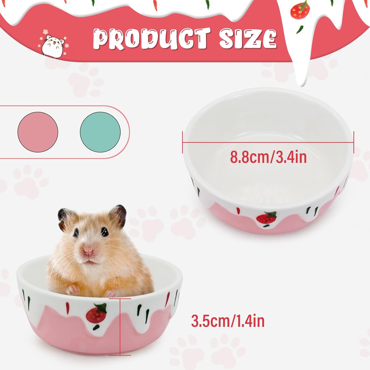 Thumbnail 3 de LuckyOpt round ceramic hamster bowl (blue) with strawberry pattern – anti-tipping, easy-clean food & water dish