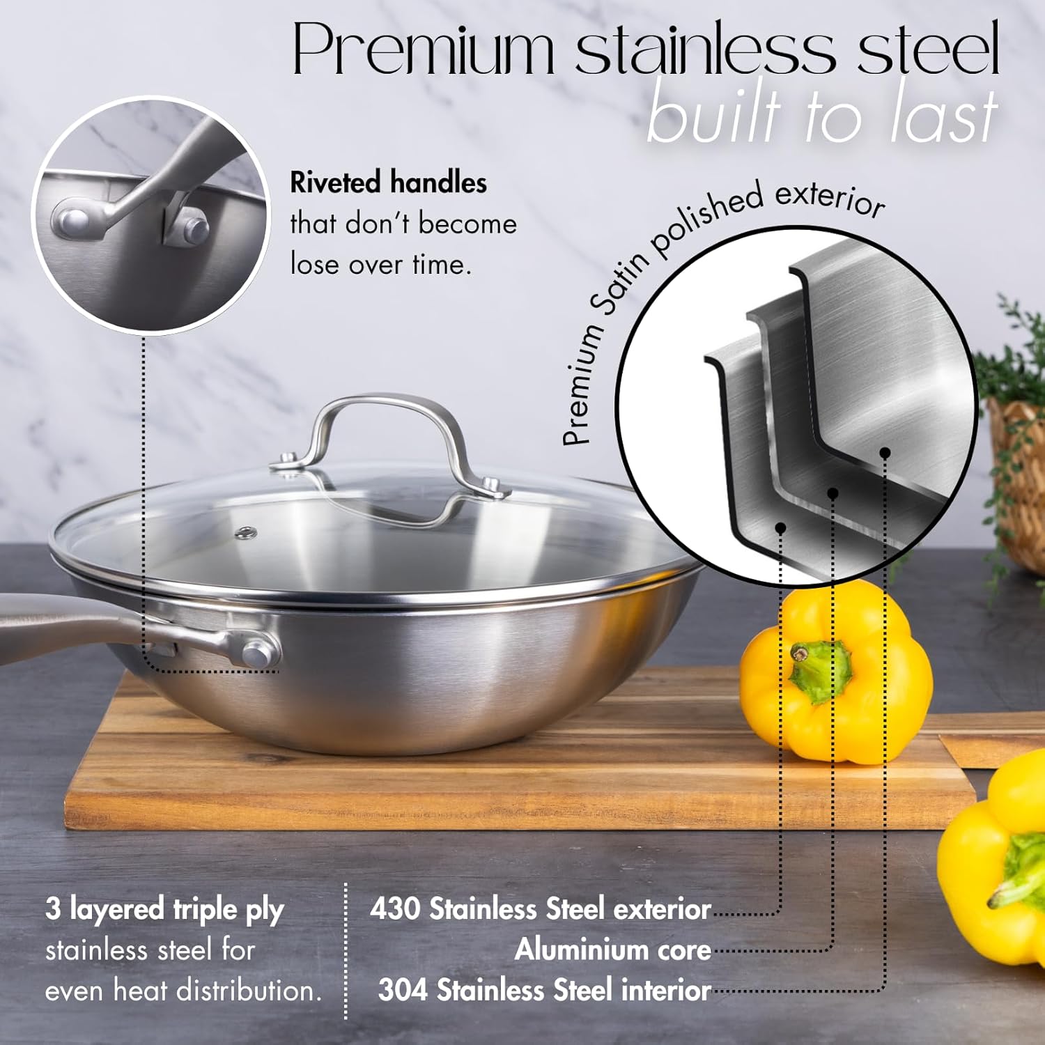 Thumbnail 2 de nuovva Stainless Steel Wok Non Stick – Induction Deep Stir Fry Pan, 28cm with Glass Lid