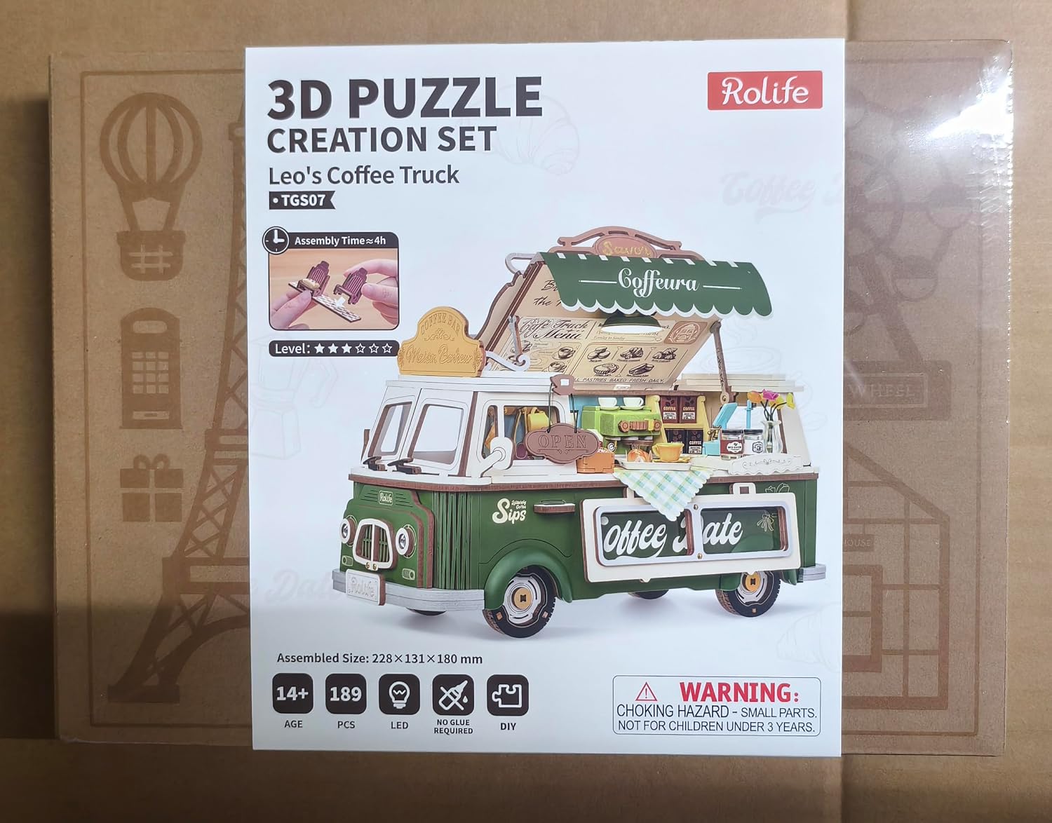 Detalle de Rolife Leo's Coffee Truck 3D Puzzle: A Detailed Miniature Model Kit for Adults
