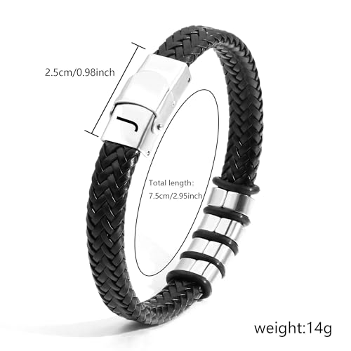 Detalle de SAMINO Cuero Negro 26 Letras: Pulseras para Hombre con Anillo Magnético en Acero Inoxidable
