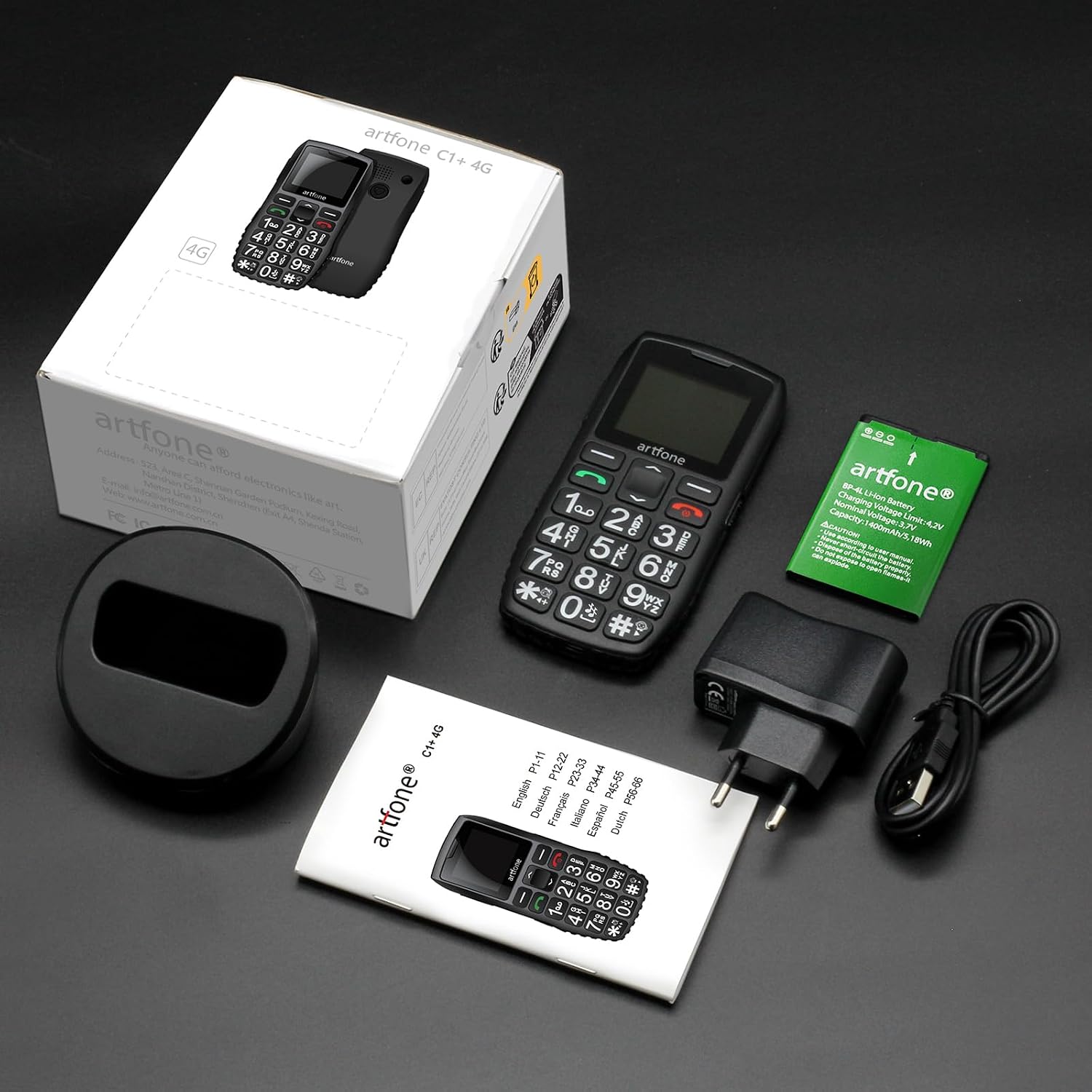 Detalle 2 de artfone Seniorenhandy ohne Vertrag mit Ladestation – 4G Handy für Senioren mit Großtasten, 1,77" Farbdisplay und SOS-Taste