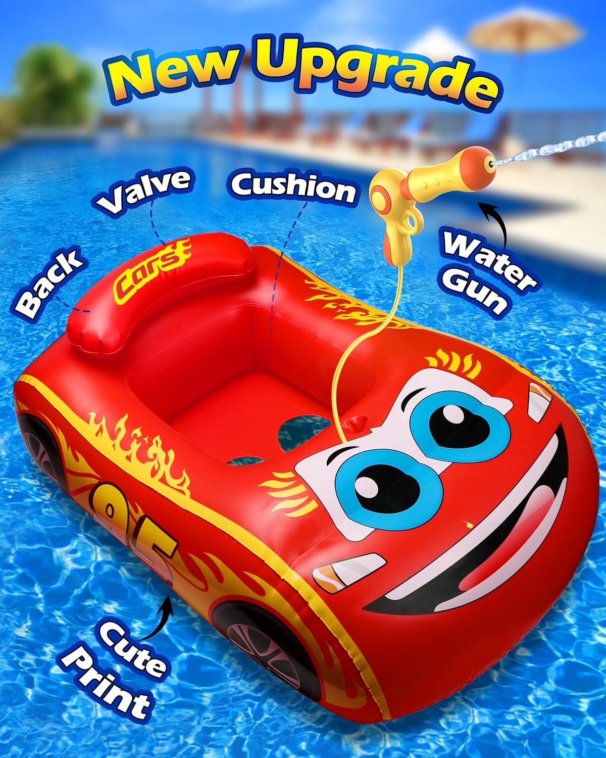 Detalle de HopeRock Kids Pool Float with Water Gun — Inflatable Car Ride-on for Ages 3–8 (Red)