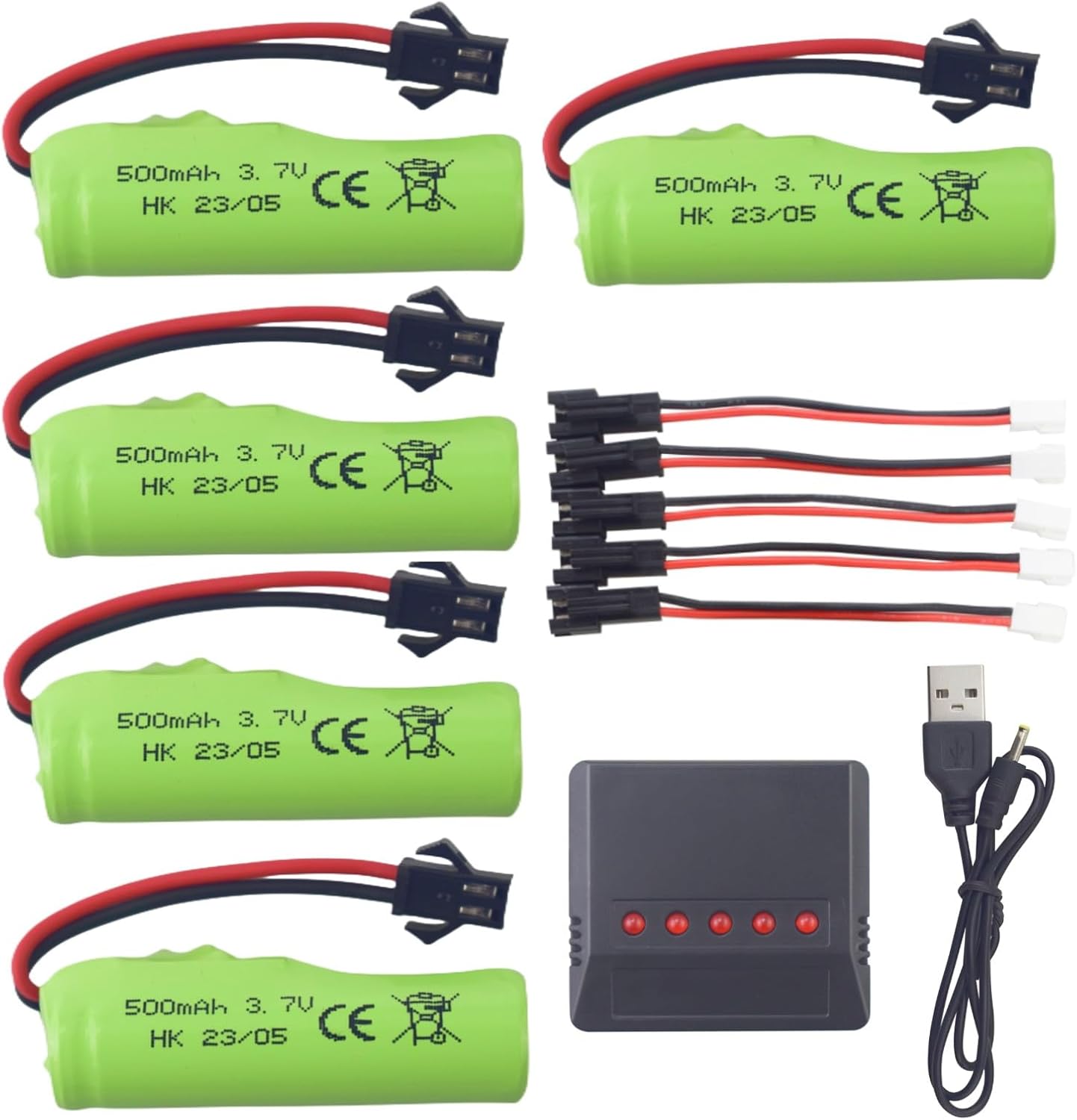 Detalle de ZYGY 5er Pack 3,7V 500mAh LiPo-Batterien + 5-in-1-Ladegerät für DE35, DE38, DE40, DE44, DE55, TS201, TD202, TD161, DE50, TB202, TB201, TM201, TM202, TC141, DE84
