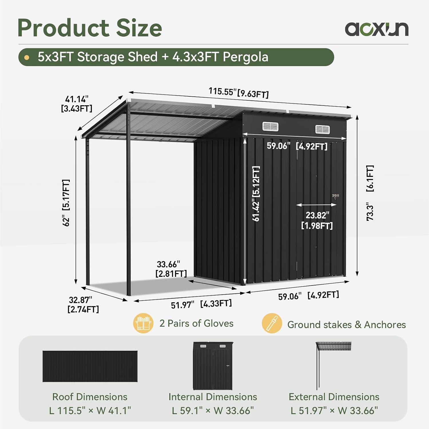Detalle 2 de Aoxun Galvanized Steel Storage Shed and Canopy Combo