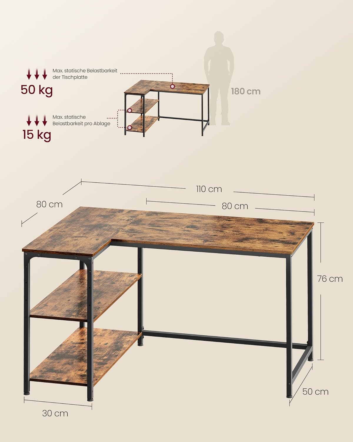 Detalle 2 de VASAGLE Eckschreibtisch L-Form 110x80 cm