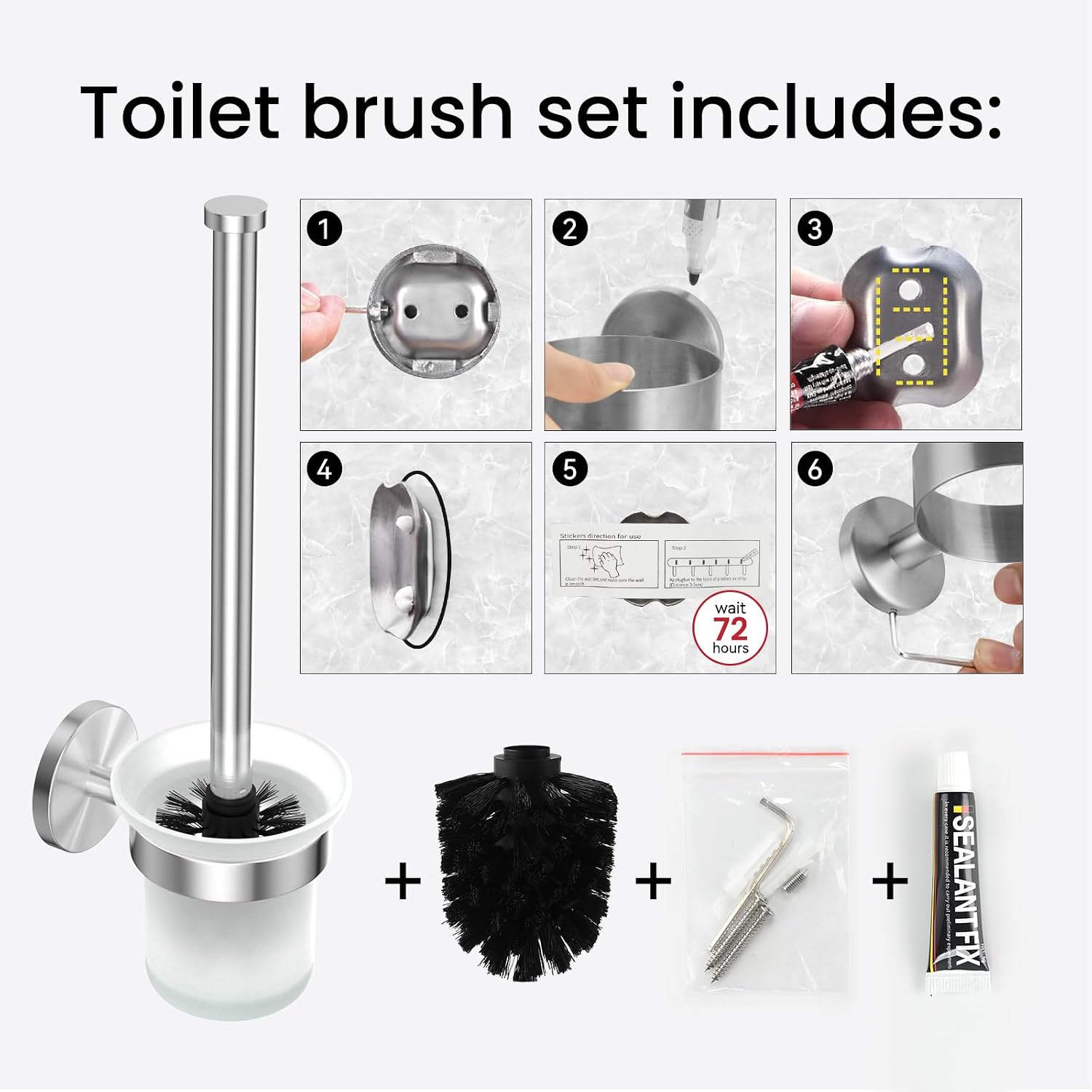 Thumbnail 6 de Dailyart WC-Klobürste mit Halter (ohne Bohren), Edelstahl & Glas – 2er Pack inkl. Ersatzbürste