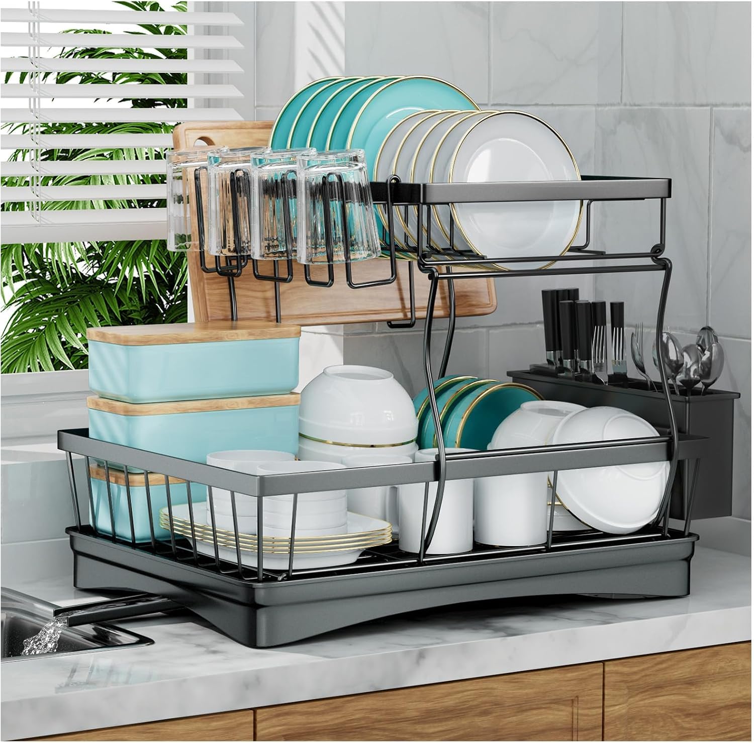 Detalle de 7 code Large Dish Drying Rack — 2-Tier Dish Drainer 🍽