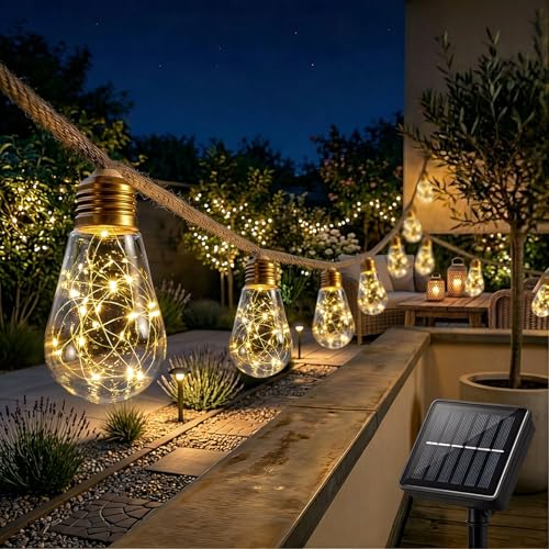 Detalle de Cnulenzt Guirlande Lumineuse Extérieure Solaire – 16 ampoules, 8 m, IP65, blanc chaud