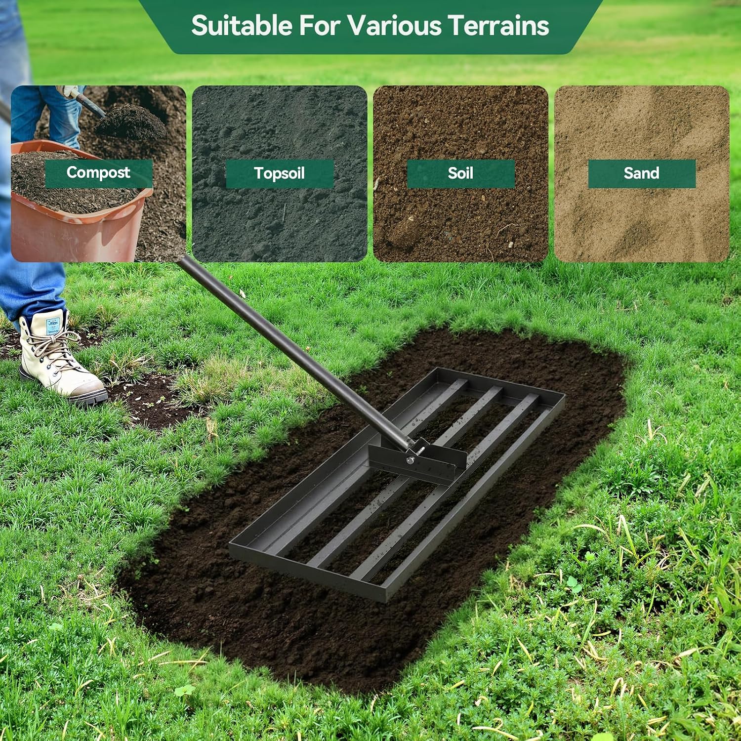 Detalle de Warmiehomy Garden Lawn Leveling Rake with Adjustable Handle (76 x 25 cm) – 2-metre leaf and soil rake for yard levelling