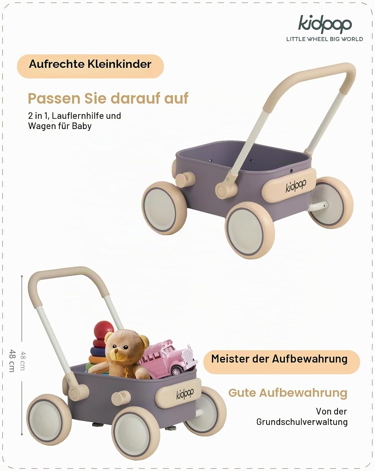 Detalle de Kidpop PULA 2-in-1 Lauflernwagen – Lila: Sicherer Lern- und Spielwagen für Kleinkinder von 7 Monaten bis 4 Jahren