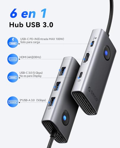Thumbnail 1 de ORICO Docking Station 6 en 1 con USB-C: HDMI 4K, PD 100W y 4 puertos USB 3.0