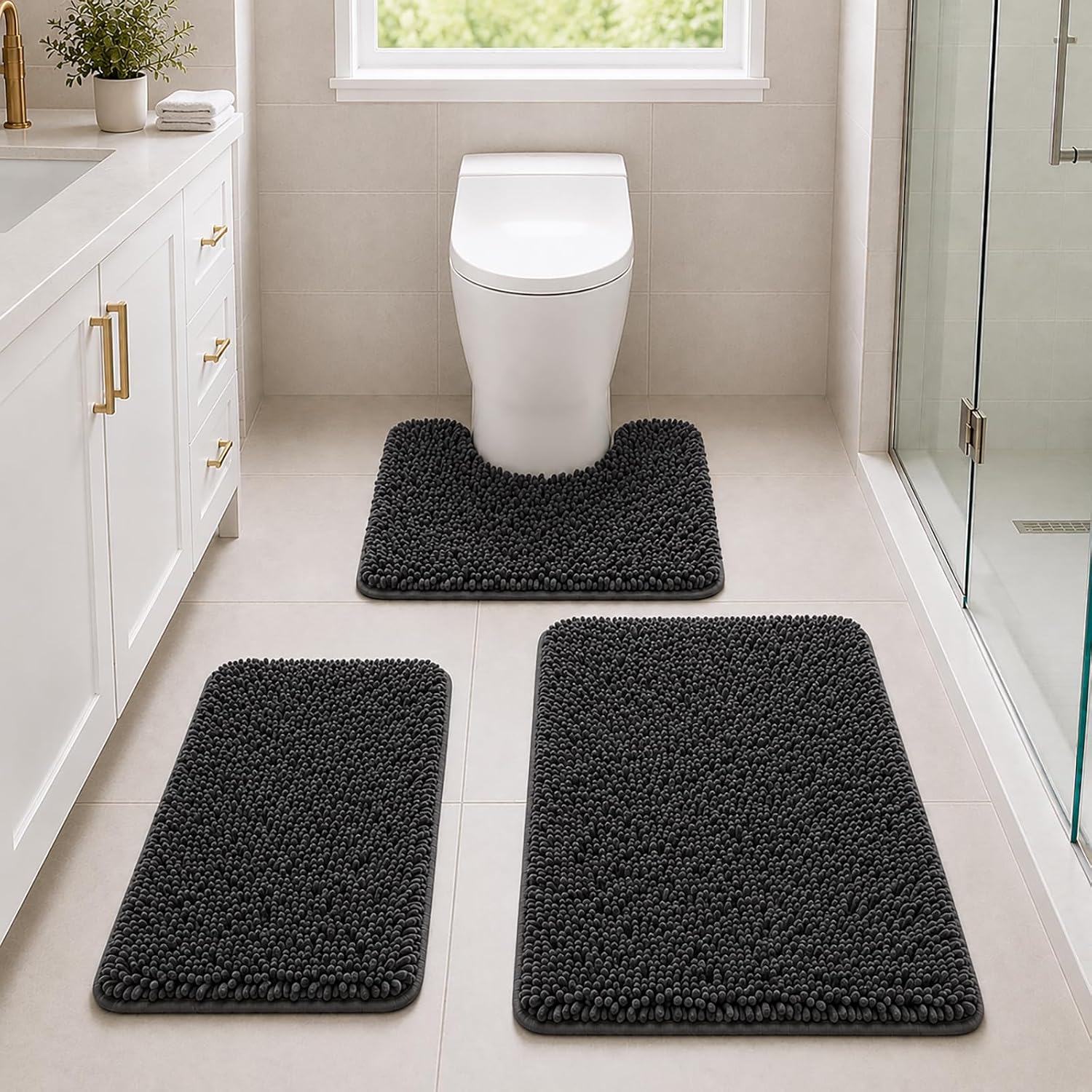 Detalle 2 de 3-Piece Chenille Bathroom Rug Set with Non-Slip PVC Backing (Small U-Shape + Large Mats)