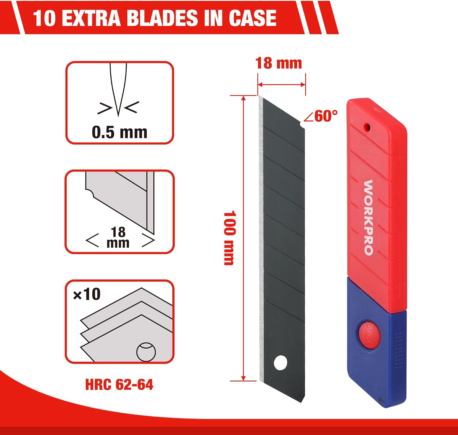 Thumbnail 1 de WORKPRO Cutter professionnel rétractable 18 mm avec 10 lames 🎯