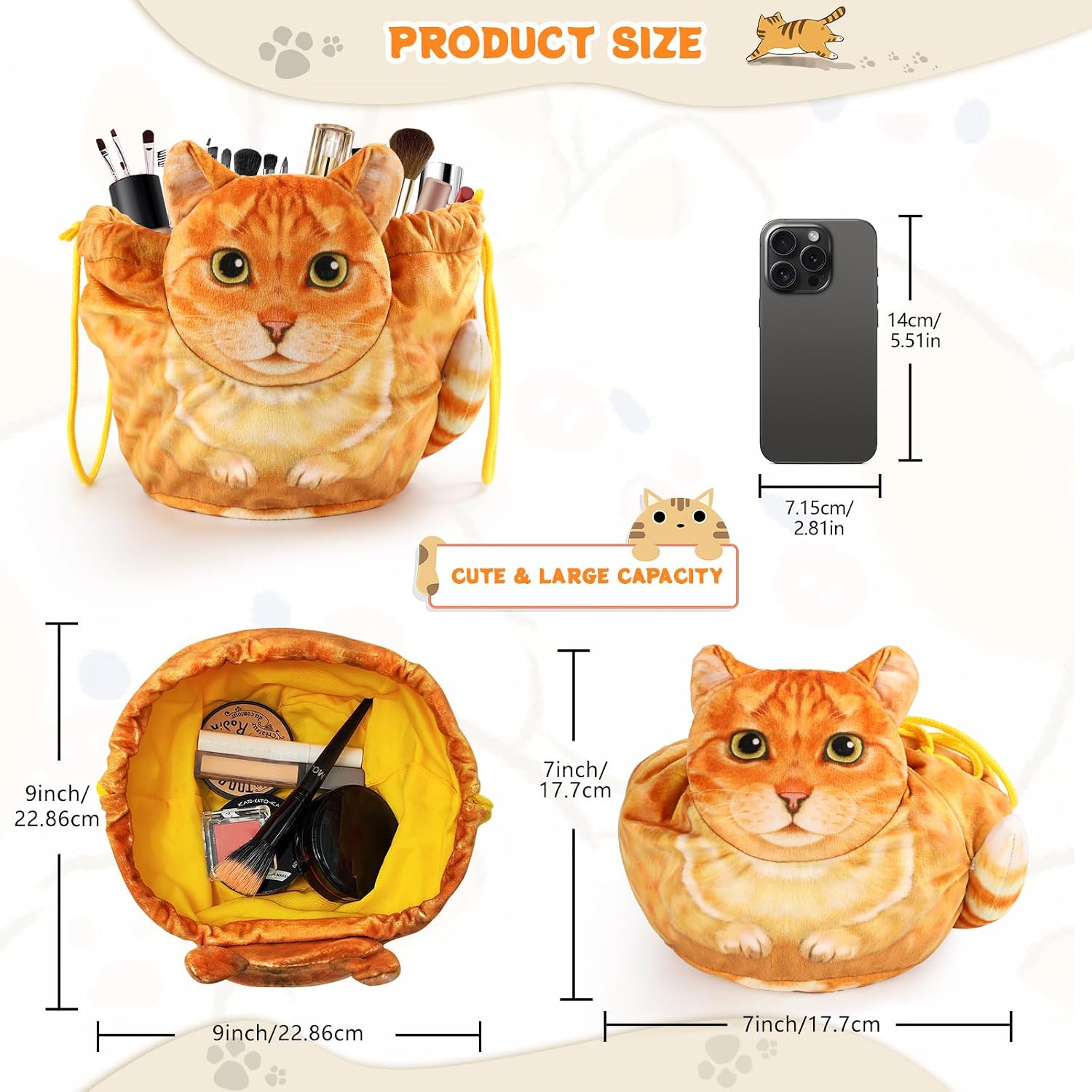 Detalle 1 de Openhahaha toilettas met trekkoord, polyester en oranje kattenmotief