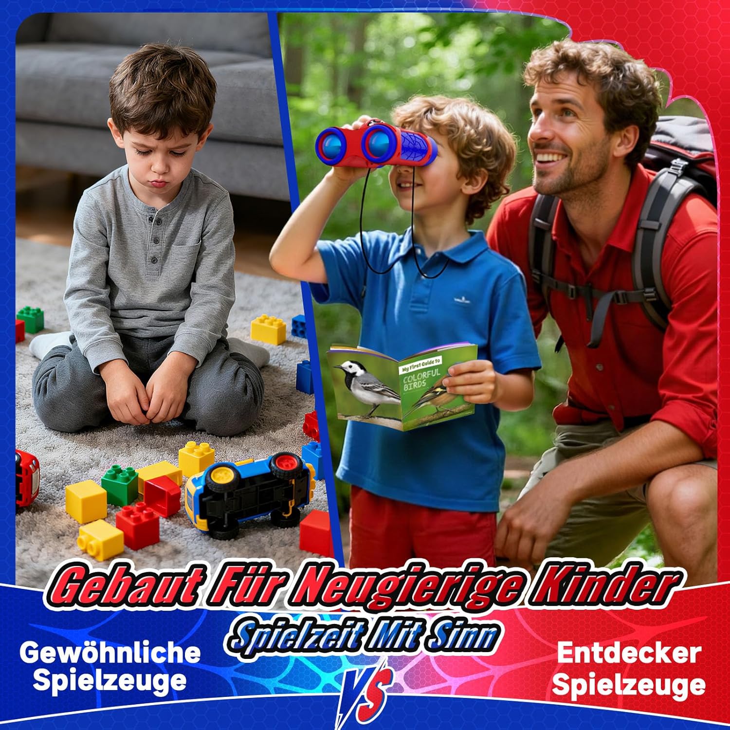 Detalle 2 de Spielzeug-Fernglas für Jungen ab 3 Jahren mit Kompass & Vogelbuch – Outdoor-Abenteuer im Helden-Look