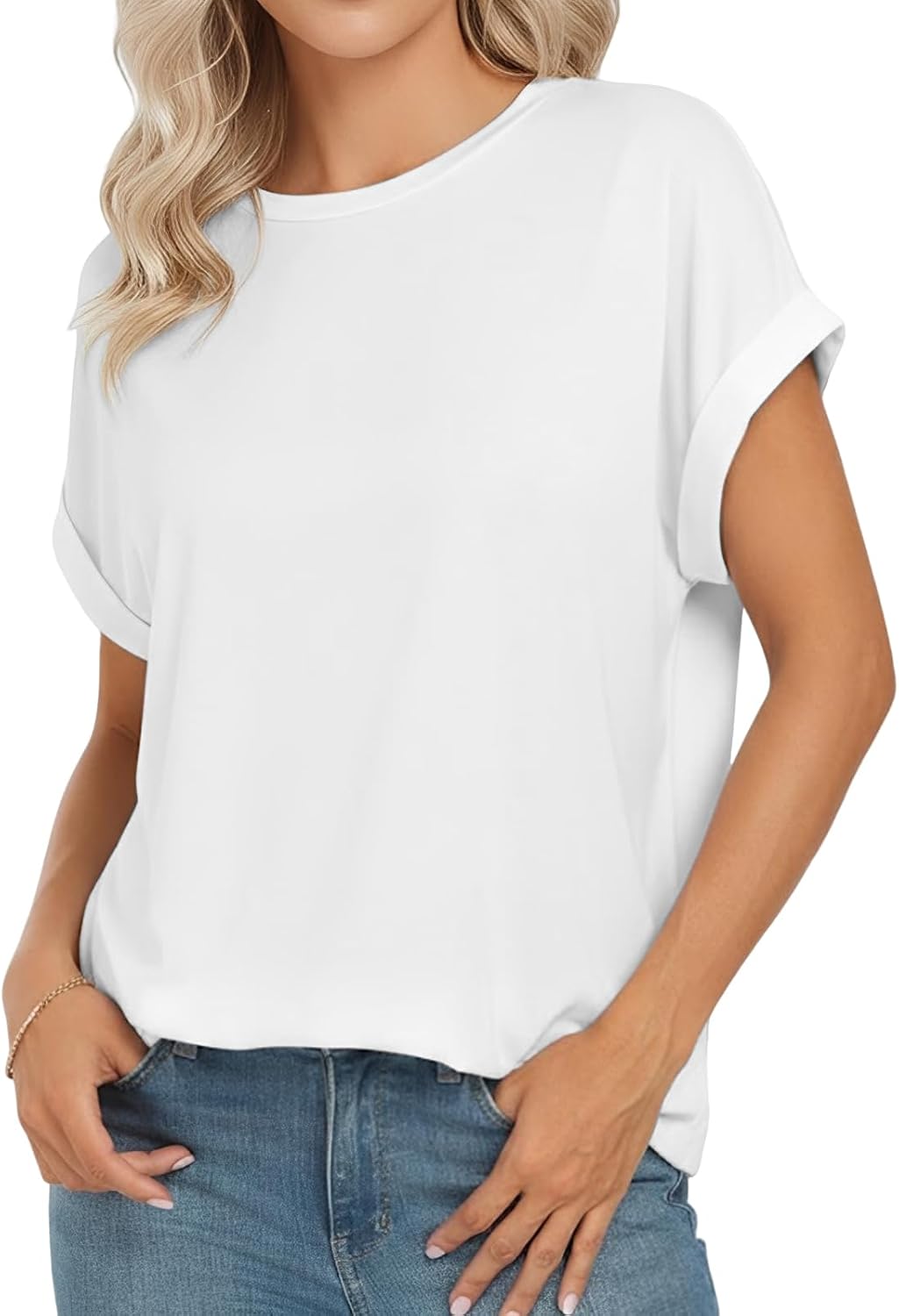 Detalle de Cuptacc Damen Oversize T-Shirt mit Rundhalsausschnitt – Sommer Casual, Flügelärmel