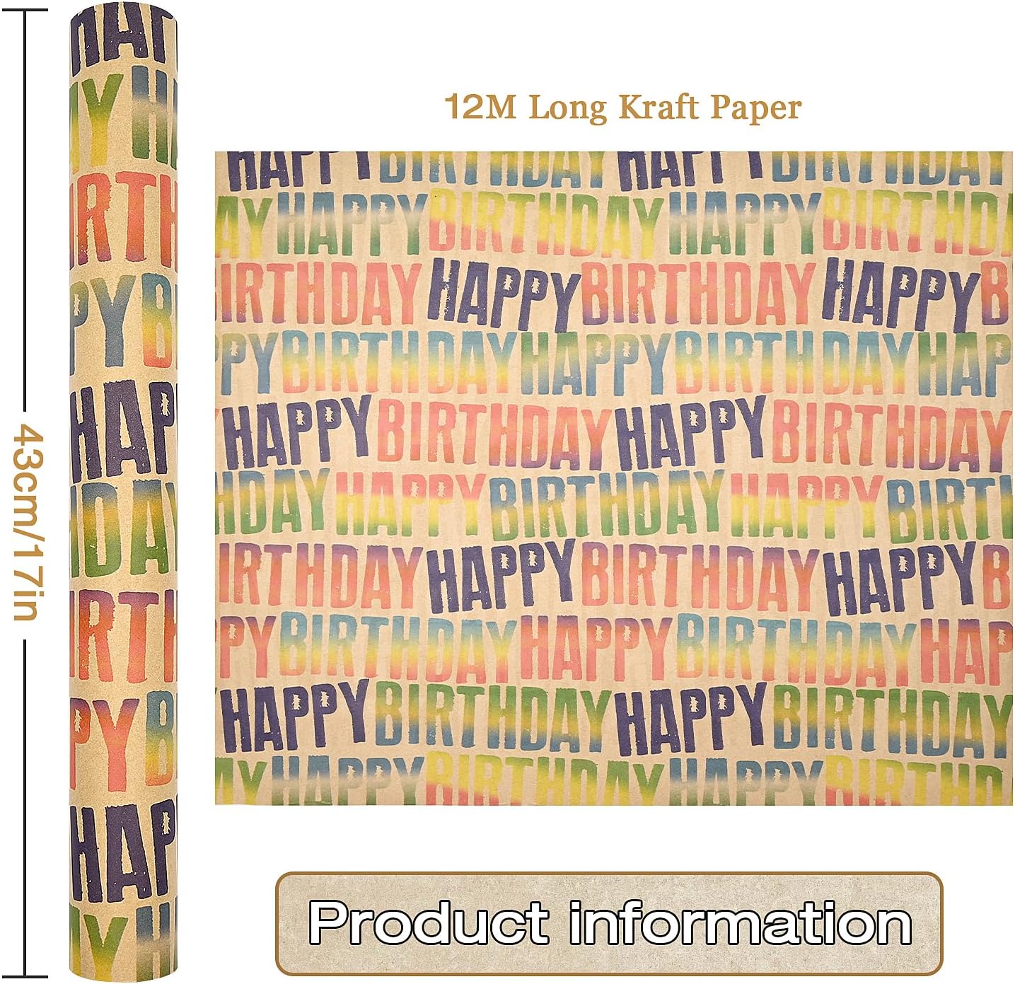 Thumbnail 3 de 43cm x 12m Colorful Birthday Wrapping Paper Roll – Kraft Eco Gift Wrap with “Happy Birthday” Text