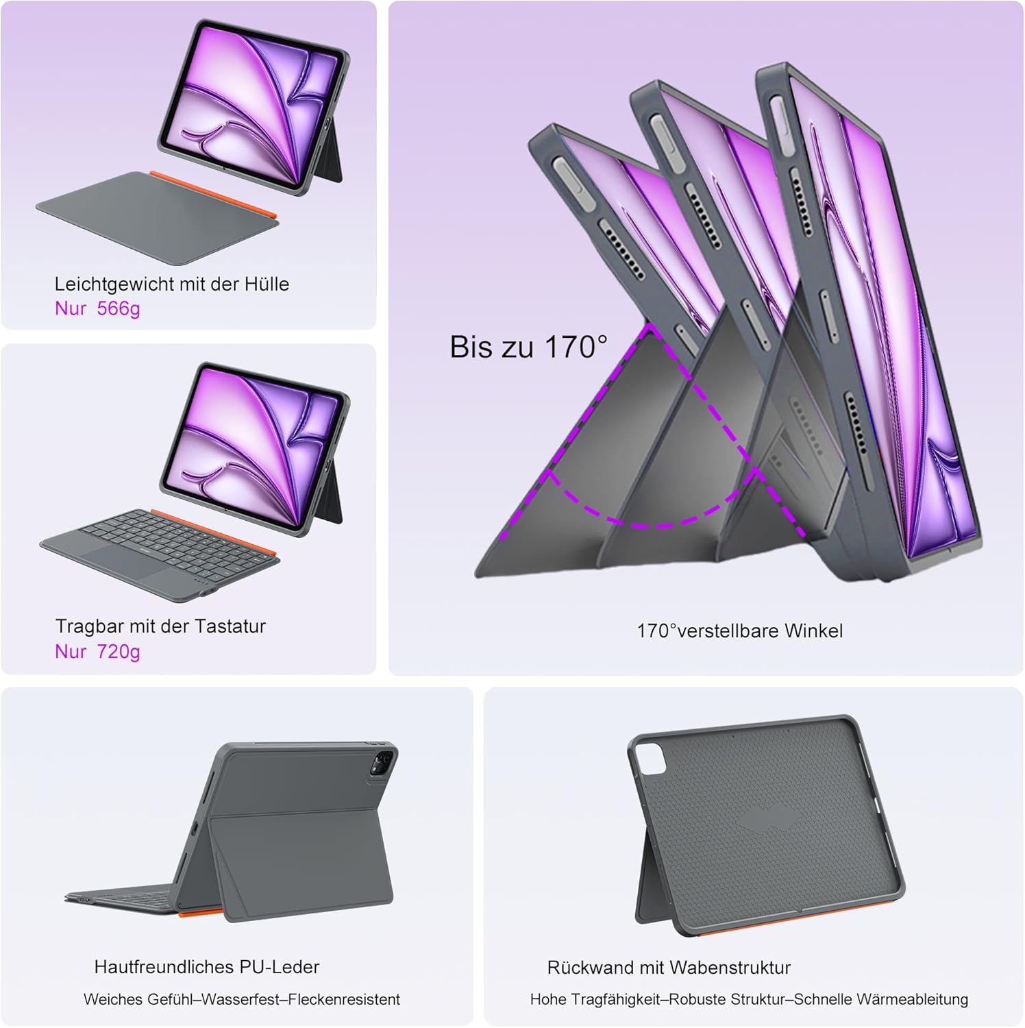 Thumbnail 4 de WIWU Tastaturhülle für iPad Air 13 (M4/M3/M2) – magnetisch abnehmbar, beleuchtetes Trackpad und verstellbarer Ständer (Grau)