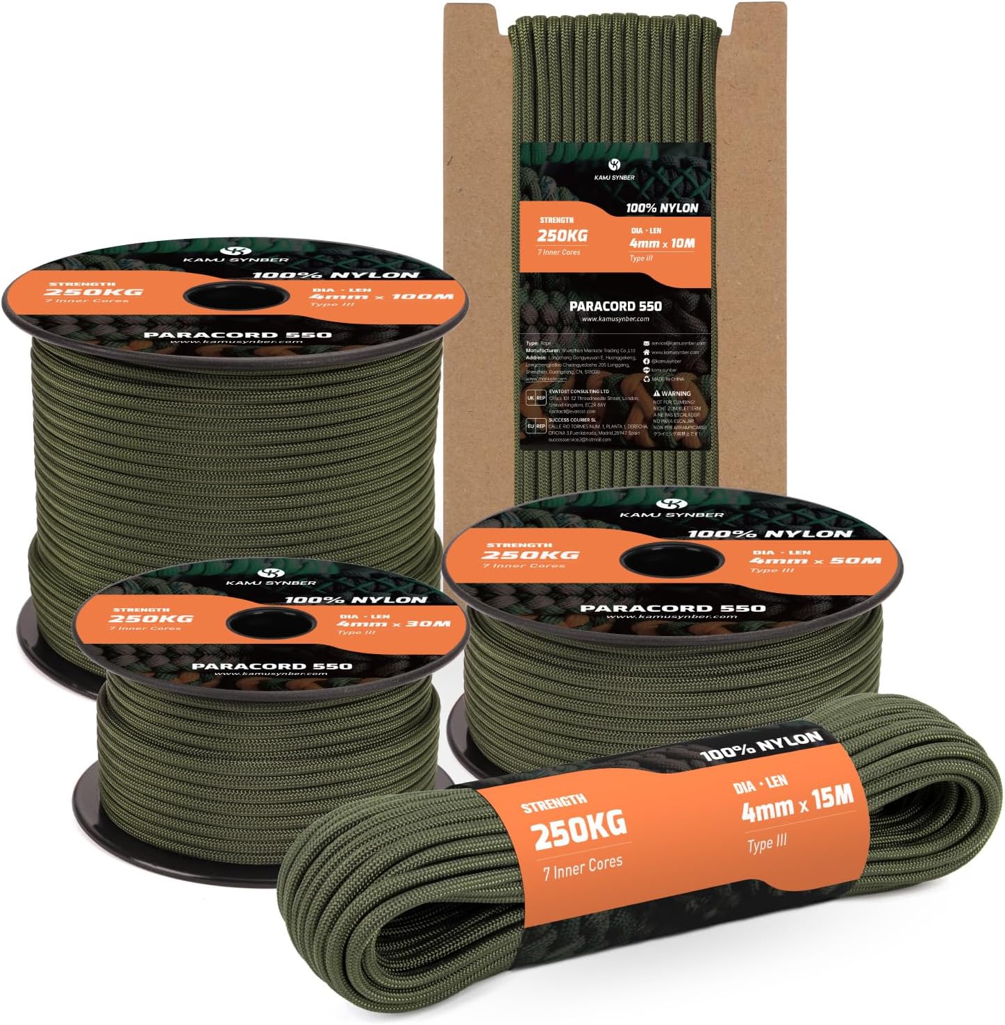 Kamu Synber 550 Paracord 4mm, 10m Typ III – 7 Stränge Nylon Fallschirmschnur, Tragkraft 250 kg (Coyote-Braun)