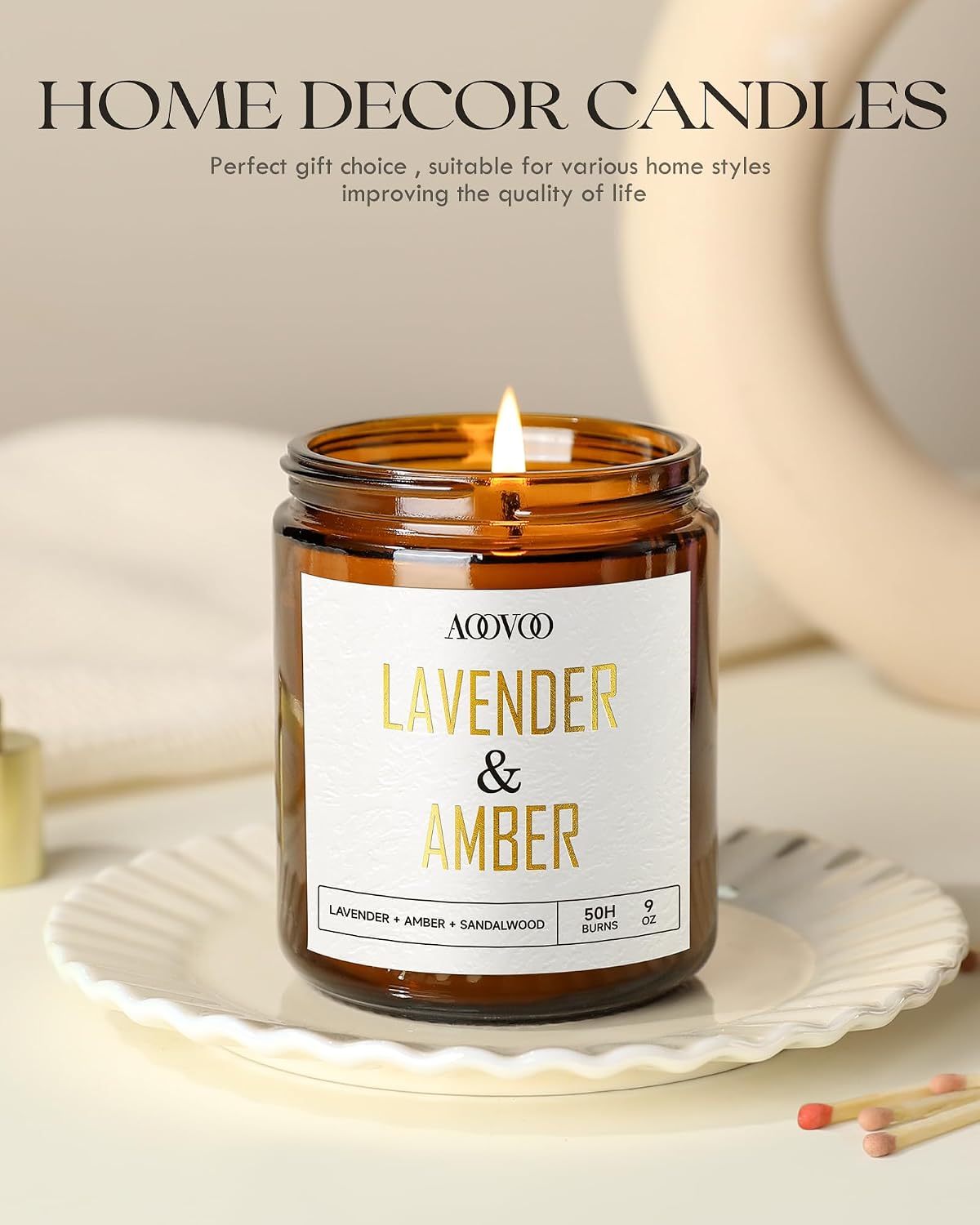 Detalle 2 de AOOVOO Lavender Amber Candles - 9 oz Scented Soy Candle for Home Ambiance