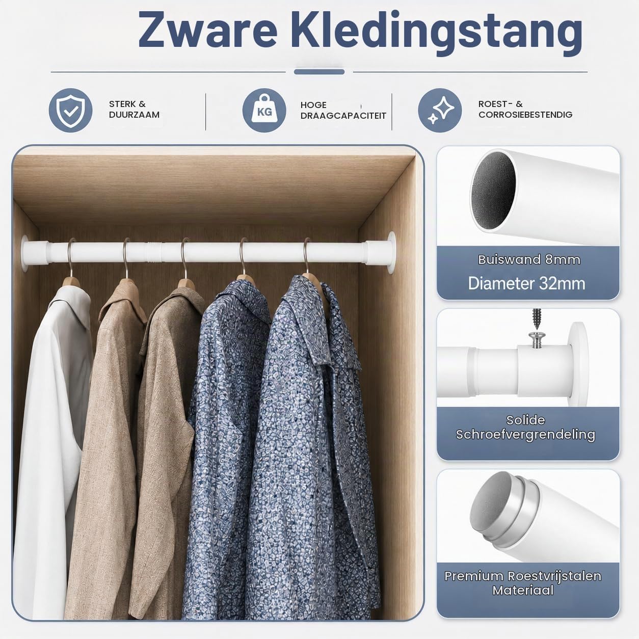 Detalle de GDEVKHN telescopische kledingstang voor wandmontage, wit, 65–90 cm, Ø 32 mm