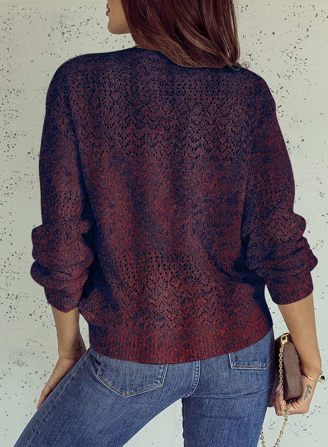 Detalle de SHEWIN Women's Crochet V‑Neck Lightweight Sweater