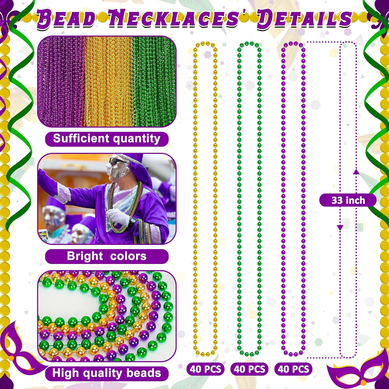 Thumbnail 1 de Huskein 33" Mardi Gras Beads 120PCS 🎭