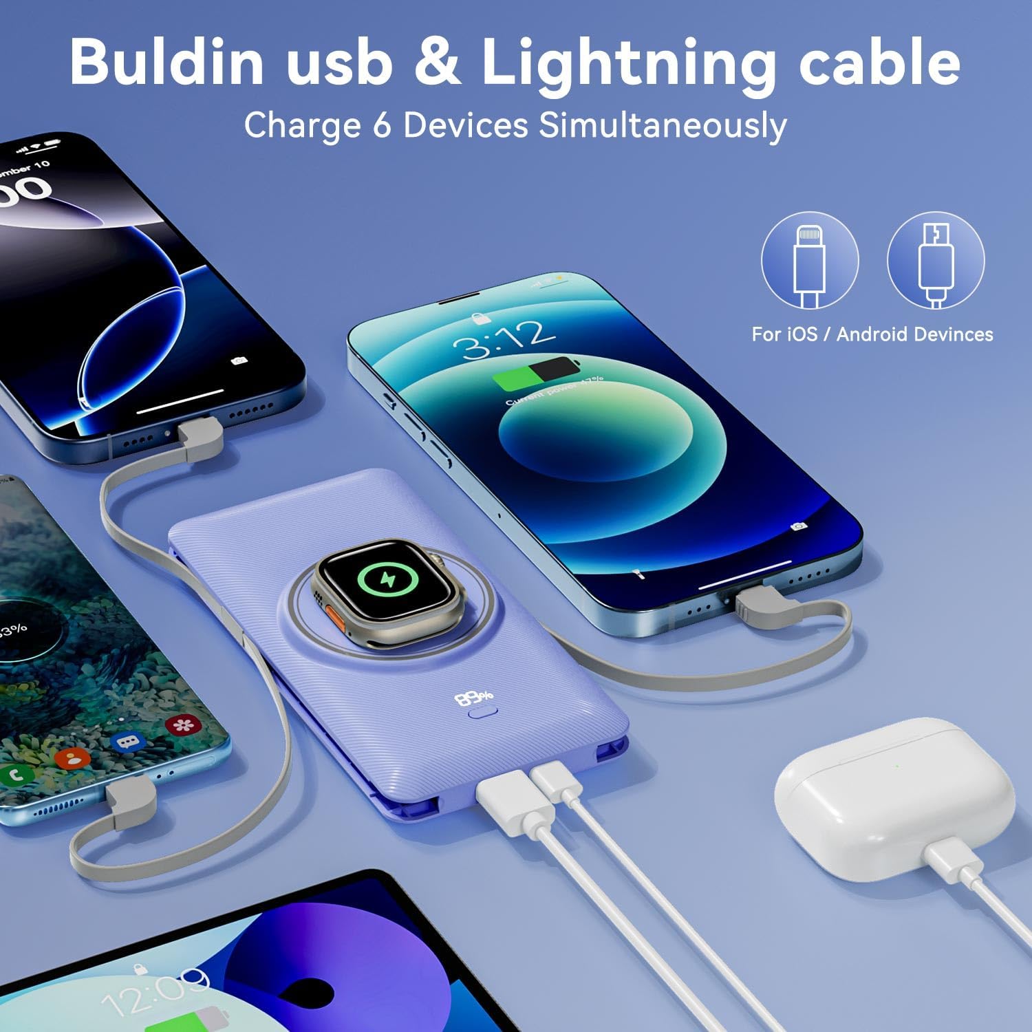 Detalle de LUCKYFELLOW PB180W 10,000mAh Wireless Power Bank with Built-In Cables