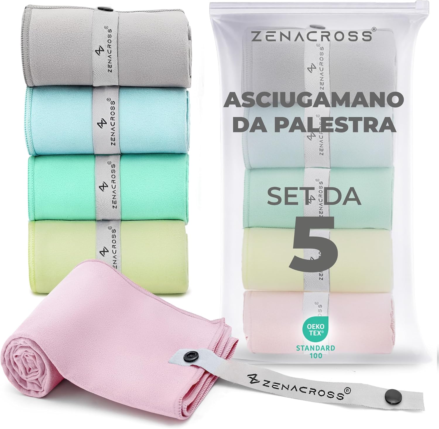 Zenacross Set 5 Asciugamani Microfibra 40x77 Pastello