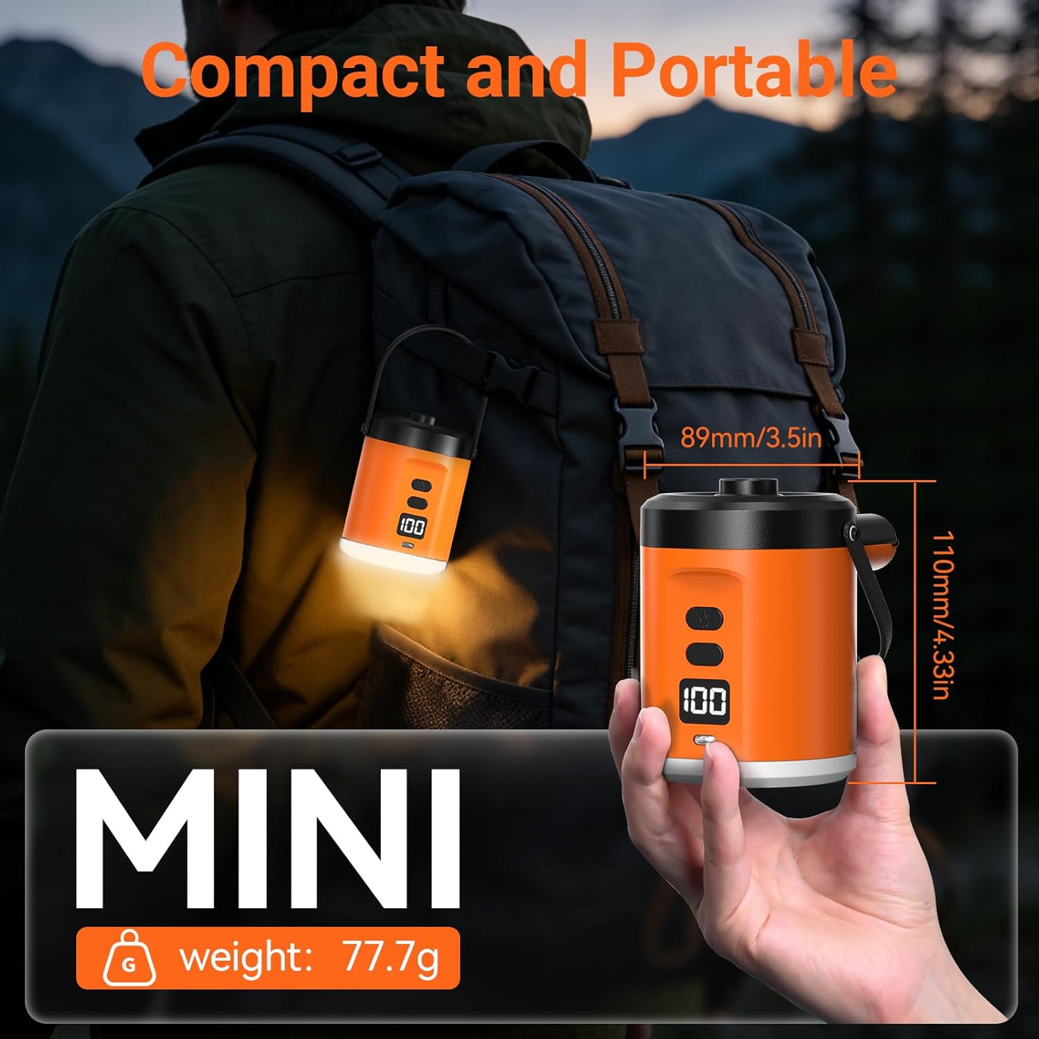 Detalle de YUWEIC Camping Electric Air Pump with Lantern — 18W, 5000mAh, 280L/min, 3 Nozzles