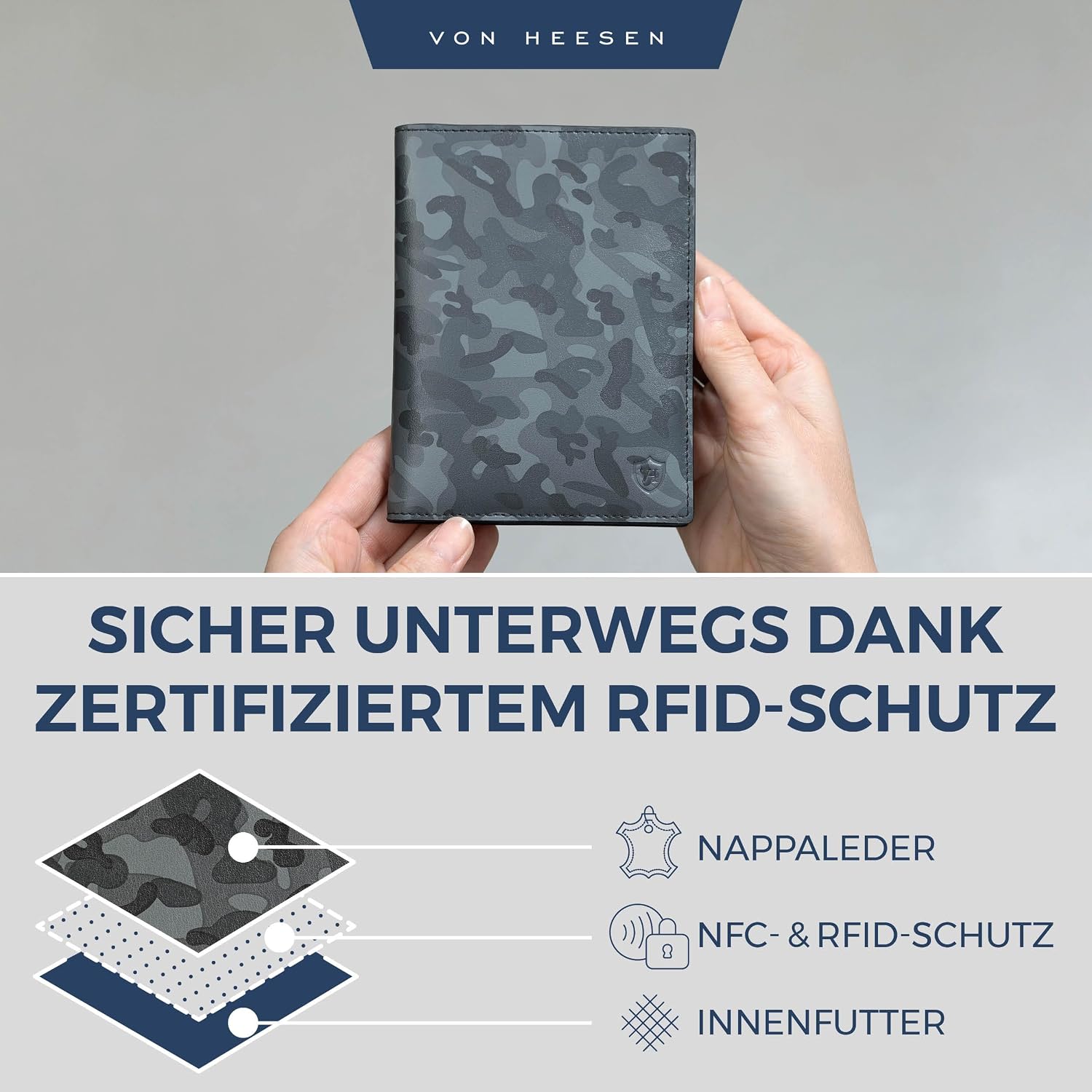 Detalle 2 de VON HEESEN Reisepasshülle aus Leder mit RFID-Schutz (Camouflage) – Etui für Pass und Karten