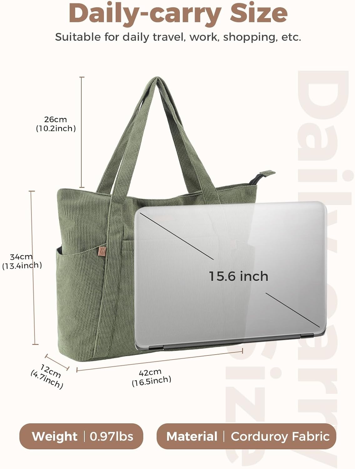 Thumbnail 2 de Lekespring Cord Tasche Damen – Große Tote Bag mit Reißverschluss, 15,6 Zoll Laptopfach, Grün