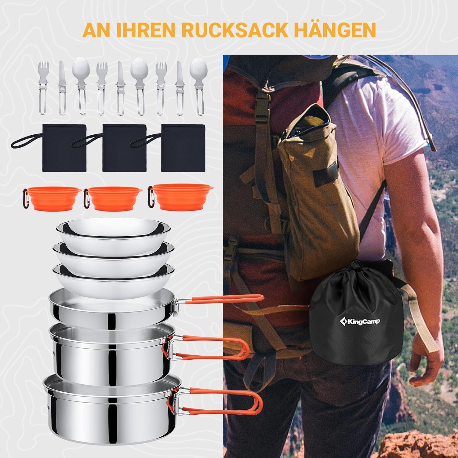 Detalle de KingCamp Camping Geschirr Set – 22-teiliges Edelstahl-Set für 3 Personen